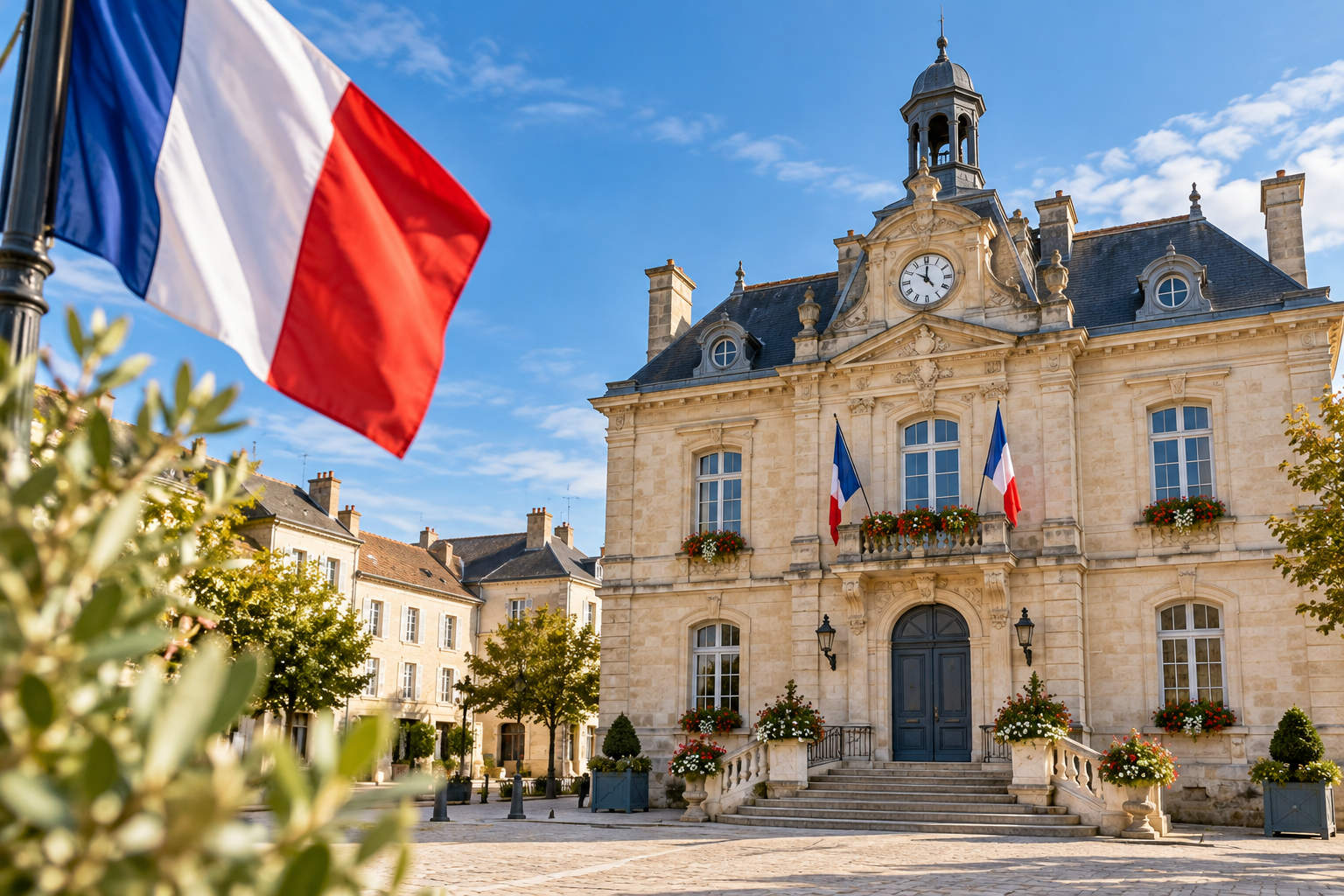 Illustration d’une place française et de drapeaux tricolores